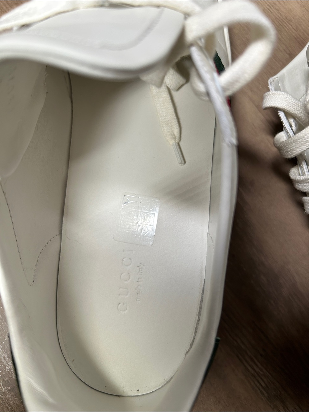 White Leather Sneakers with Green and Red Stripe Casual Shoes - Picture 3 of 8